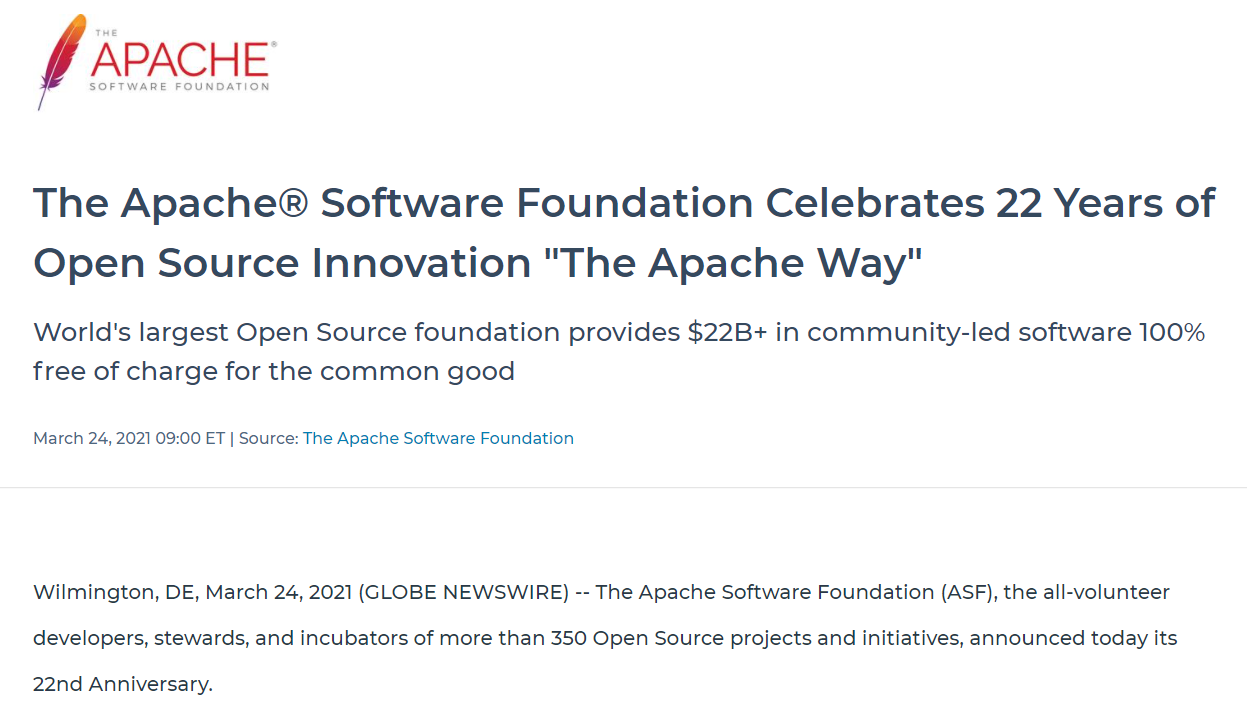Apache 软件基金会诞生 22 周年